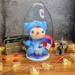 عروسک بچه کلاه دار خارجی رنگ آبی باکس خمره ای | فروشگاه پزبده
